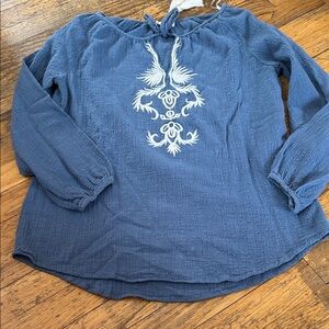 Boho Blue Blouse with White Embroidery